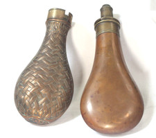 2 x Antique 19th Century Powder Flasks, Hawksley, basketweave, for restoration