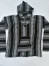 Vintage Black White Baja Hoodie Pullover Jacket XL Mexican Drug Rug Jerga Surf