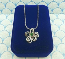 Vintage 925 Sterling Silver & Tsavorite Garnet Flower Pendant Necklace with Box