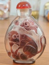 Antique Chinese Snuff Bottle Purple Overlay Glass HandCarved MonkeysQingRepublic