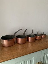 Vintage Set 5 French Copper Pans Saucepans Iron Handles Tin Lined Farmhouse