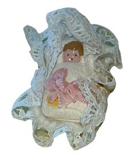 Vintage Plaster Doll’s House Crib Cradle Cot + Lacy Bedding with tiny Baby Doll