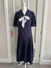 Laura Ashley Vintage Navy Sailor Belted Casual Outdoor 100%Cotton Dress,Size 10