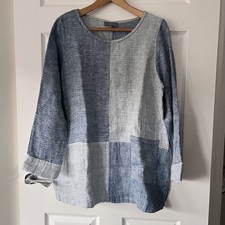 Sahara Colourblock Linen Blouse Top 1 10/12 UK  Oversized Blue Checked Lagenlook