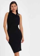 Quiz Black ITY Midi Dress with Gold Buckle Detail  UK 16   (fm135-10)