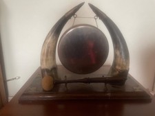 Antique Edwardian English Dinner Gong Horn Brass Oak Plinth Brass/ Gold  Vintage