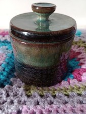 Small Studio Pottery Earthenware Lidded Pot Green & Black 9cm Tall 8cm wide