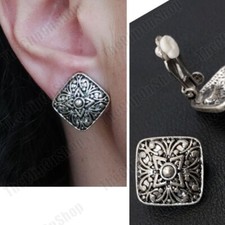 CLIP ON ornate SQUARE vintage silver pewter tone EARRINGS 2cm small ANTIQUE STYL