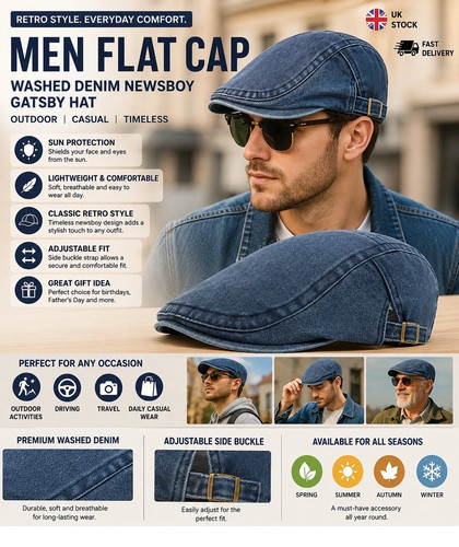 Men flat cap washed newsboy - washed,