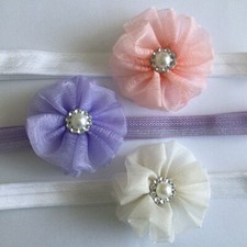 3 Baby Girl Infant Headdress Headband Lilac Peach Ivory Flower Soft Stretch Band