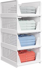 Pack of 4  Folding Closet Organizers Box, Stackable Plastic Basket White
