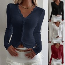 Women's Long Sleeve Button V Neck Tops RIBBED Stretch Shirts Blouse Lace Tunic