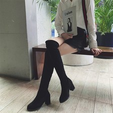 Women Over the Knee Boots Black Suede Thigh High Boots Chunky Heel Knight Boots