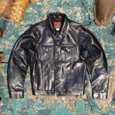 Men's Denim Jacket Washed Vegetable Tanned Goatskin Retro Genuine Leather Jacket