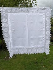 Vintage White Irish Linen Tablecloth  With Deep Hand Crocheted Lace Edging