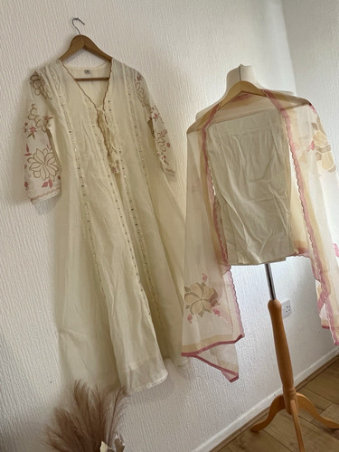 Cream embroidered frock suit - embroidered,