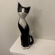 Hand Carved Wood Wooden Cat Black White Tuxedo 30cm
