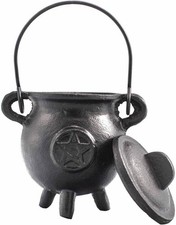 Black Cast Iron Cauldron Halloween Pagan, and Wiccan Rituals Pentagram 6.5x13cm
