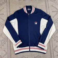 Vintage Fila White Line Navy Cream Zip Up Wool Mix Sweatshirt Knit Size Medium