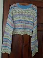 Short crochet jumper in multi pastel colours & scalloped edges size xs