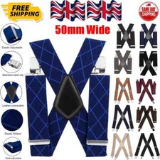 50MM MENS XXL WIDE HEAVY DUTY X SHAPE BRACES ELASTIC SUSPENDERS TROUSER CLIPS UK