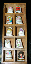 Vintage Collectible 10 Bone China Thimbles with Flowers and Coke / Display Shelf