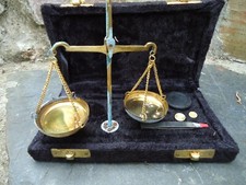 Small Set Brass Scales In Black Box With 10 Gram Weight Antique Style Justice