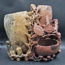 Antique Chinese Stone Carving Triple Brush Pot 9ins High 2.13kg