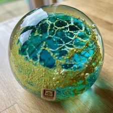 Vintage Mdina Glass Paperweight Blue Yellow Green Approx 6cm Tall VGC