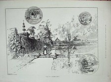 Original Old Antique Print 1891 Garden Trees House Fence Hedge Nature Victorian