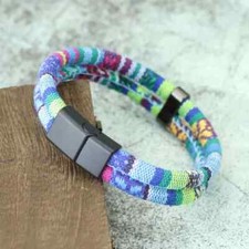 Bohemian Colorful Fabric Rope Bracelet for Men/Women Magnetic Clasp - Baby Blue