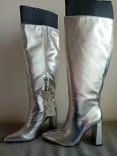 Vintage 70s Retro Style Zara Metallic Silver Knee High Heel Boots UK6 Bnwt