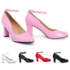 Men's Women's Patent Suede Buckle Ankle Strap Mid Block Heel Plus Sizes UK9-UK12