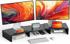 Dual Monitor Stand Riser 3 Shelf Wooden Screen Stand, Adjustable Length & Angle