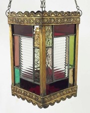 ANTIQUE STAINED LEAD GLASS HALL LANTERN VICTORIAN PORCH CEILING LIGHT LAMP SHADE