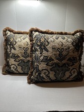 Set of 2 ~Beautiful Tapestry ~ Brown/Tan/Black ~Fringe ~ Sofa/Couch Pillows