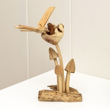 Teak Root Dragonfly Mushrooms Sculpture Rustic Carved Wood Natural Home Ornament