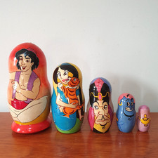 Disney's Aladdin Wooden Russian Nesting Dolls Hand Painted Signed Vintage