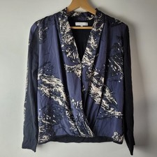 Second Female Women Size XS Black Navy Blue Print Silk Wrap Blouse Casual Smart