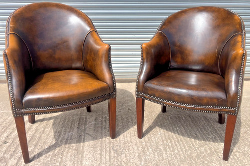 Pair vintage brown leather tub - pair,