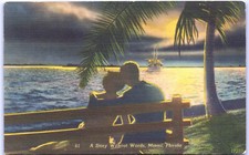 Postcard FL Couple Embracing on Seaside Bench at Sunset Miami Florida O7
