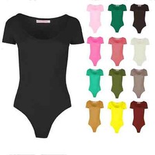 WOMENS CAP SHORT SLEEVE PLAIN ROUND NECK STRETCH LEOTARD BODYSUIT UK 8-26
