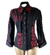 Save The Queen Italy Pinstripe Stretch Shirt Velvet Trim Tailored Blouse Size S