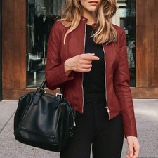Ladies Casual Zip Up Faux Leather Jacket Biker Blazer Coat Women Outwear Tops UK