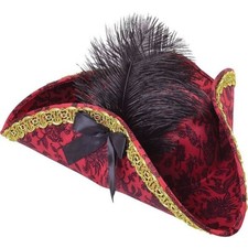 Red Pirate Tricorn Hat With Feather Jack Sparrow Fancy Dress Caribbean Costume
