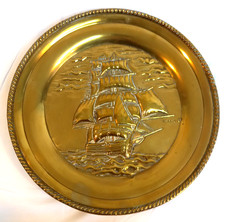 Brass Sailing Ship Galleon Display Plate Thermora Large Decorative Vintage VGC