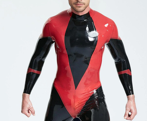 Mens black red latex - red, catsuit