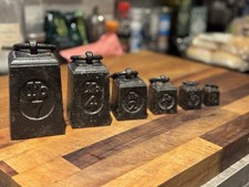 GPO Vintage Ringed Cast Iron Weights X6, 7lb 4lb 2lb 1lb 1/2 IB 1/4 IB