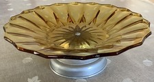 Vintage Art Deco Amber Glass Cake Stand With Chrome Foot
