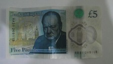 1 x Used circulated £5 polymer plastic notes AA series - excellent conditions